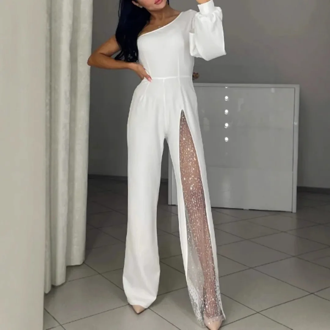 

Women Sexy Rompers Irregular Skew Collar High Waist Jumpsuits One Piece Split Sequins Streetwear High Waist Overalls 2025