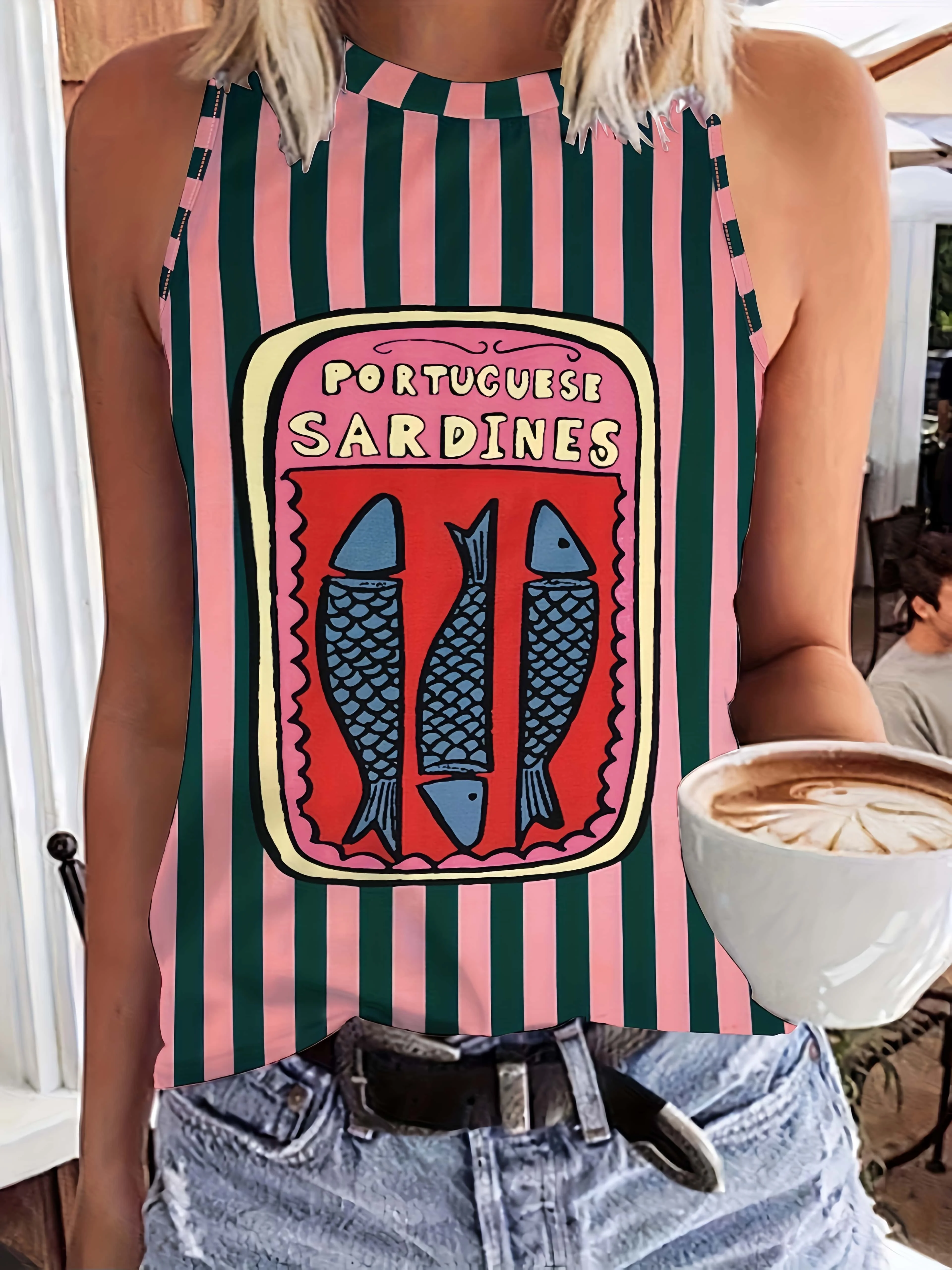 Vintage Striped Sardine Can 3D Printed Sleeveless Vest Summer Personalized Casual Wear Bottoming Street Fashion Versatile Top