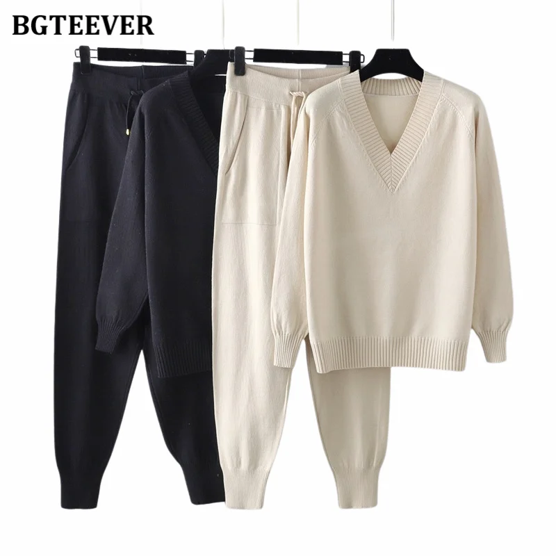

BGTEEVER Autumn Winter Warm Female Knitted Set V-neck Long Sleeve Pullovers Ladies Drawstring Harem Pants Women Sweater Set