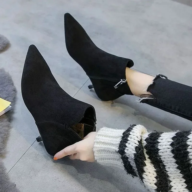 New 2023 Ankle Boots for Women Pointed Toe Stiletto Ankle Boots Low Heels for Women Chunky High Heel Female Shoes