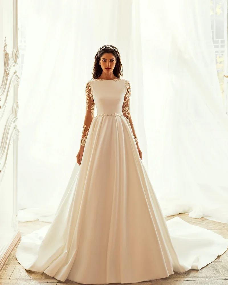 

Flavinke Customized Elegant O-Neck Buttons Up Back Long Sleeve Beading Appliques Satin A-Line Wedding Dresses Vestidos De Novia