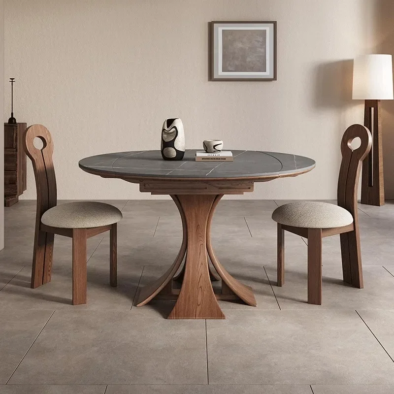 Slate dining table is retractable for home small apartment Internet celebrity French minimalist style ash round dining table