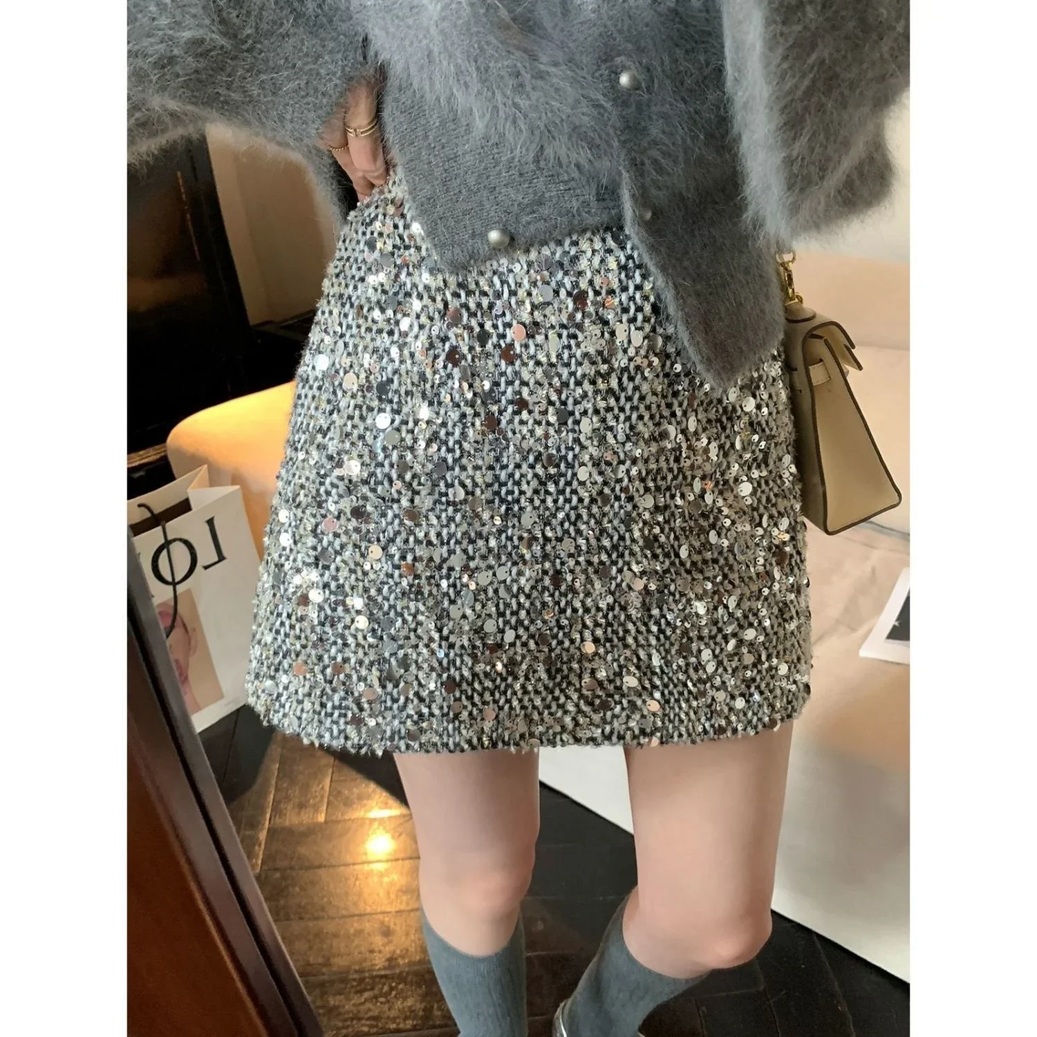 

Женская юбка с блестками и золотыми листьями, мини-юбка трапециевидной формы с тяжелой вышивкой, осенне-зимняя модная яркая юбка для похудения