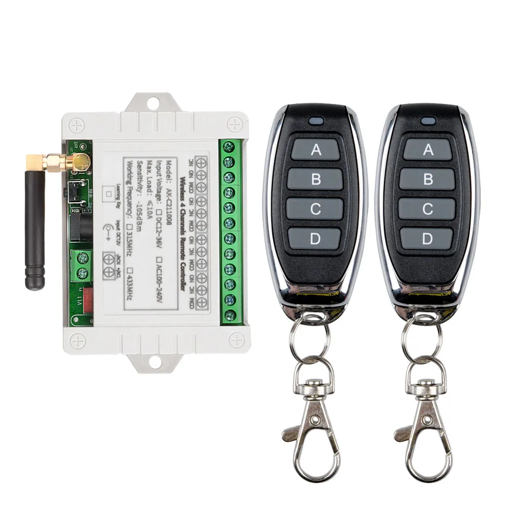 Smart Multiple DC 12v 24V 36V 10A 433MHz 4 Channel Wireless Relay RF Remote Control Switch Receiver +4 CH Metal Transmitter