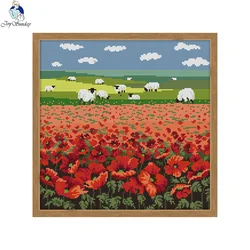 Joy Sunday Landscapes Cross Stitch Kit DIY Handmade Embroidery Poppy and Sheep Pattern Living Room Display Home Decoratin Gifts