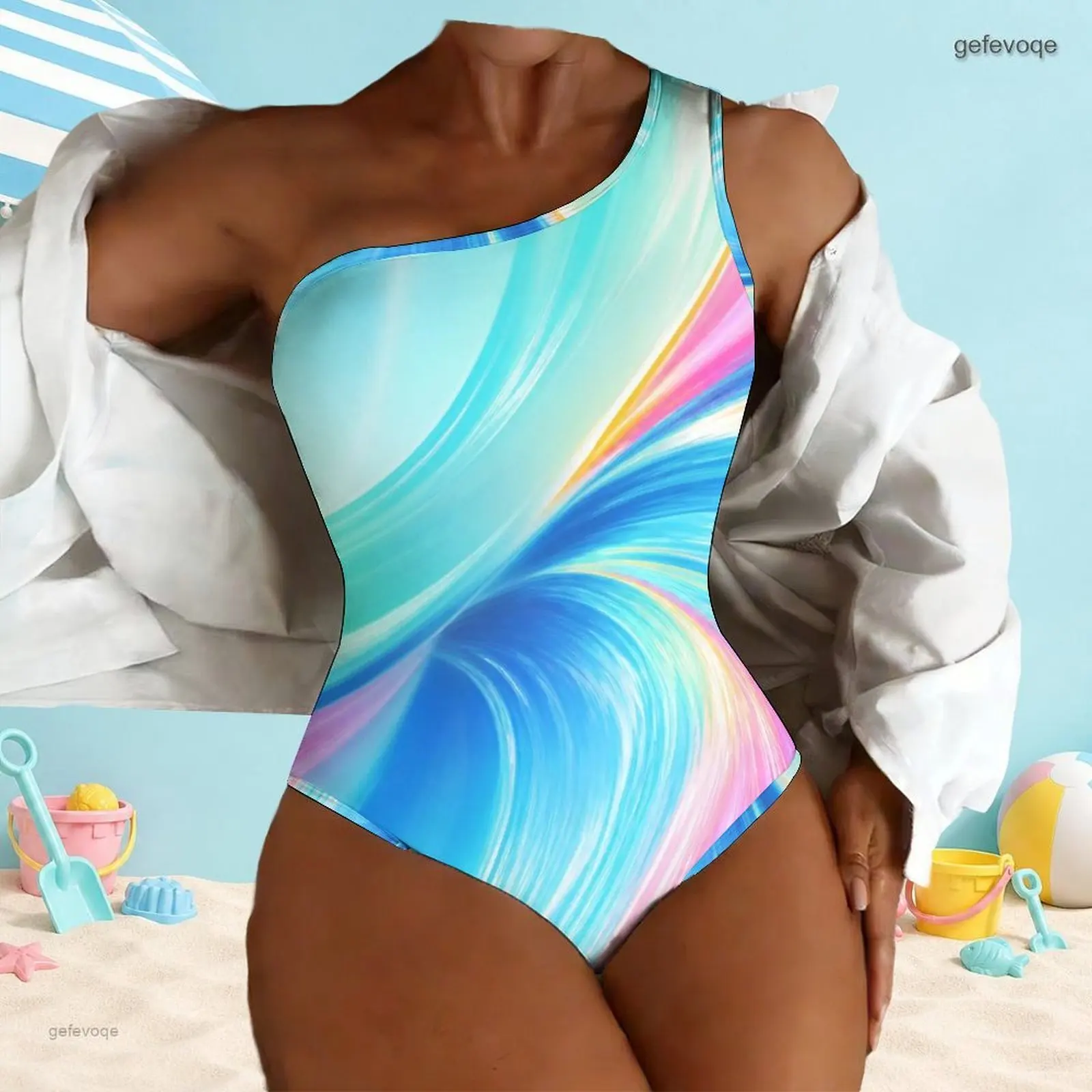 Women Printed Swimsuit One Shoulder One Piece Asymmetric Neck