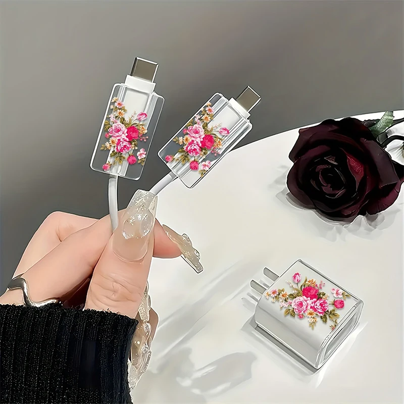 Transparent Purple Flowers Case for Apple Charger, Protective Cover, Applicable to iPhone 15, 14 Data Head Bite Protector Shell