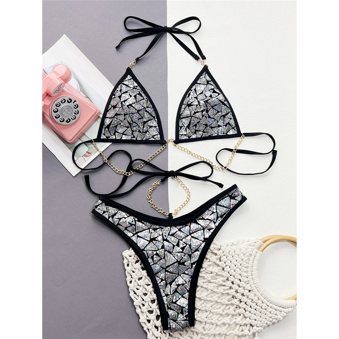 Neuer Bikini mit Pailletten, Metallketten und Neckholder, Damen-Badeanzug, zweiteiliger Bikini-Set, Badebekleidung, Badeanzug, Schwimmanzug V4865 – Detail 9
