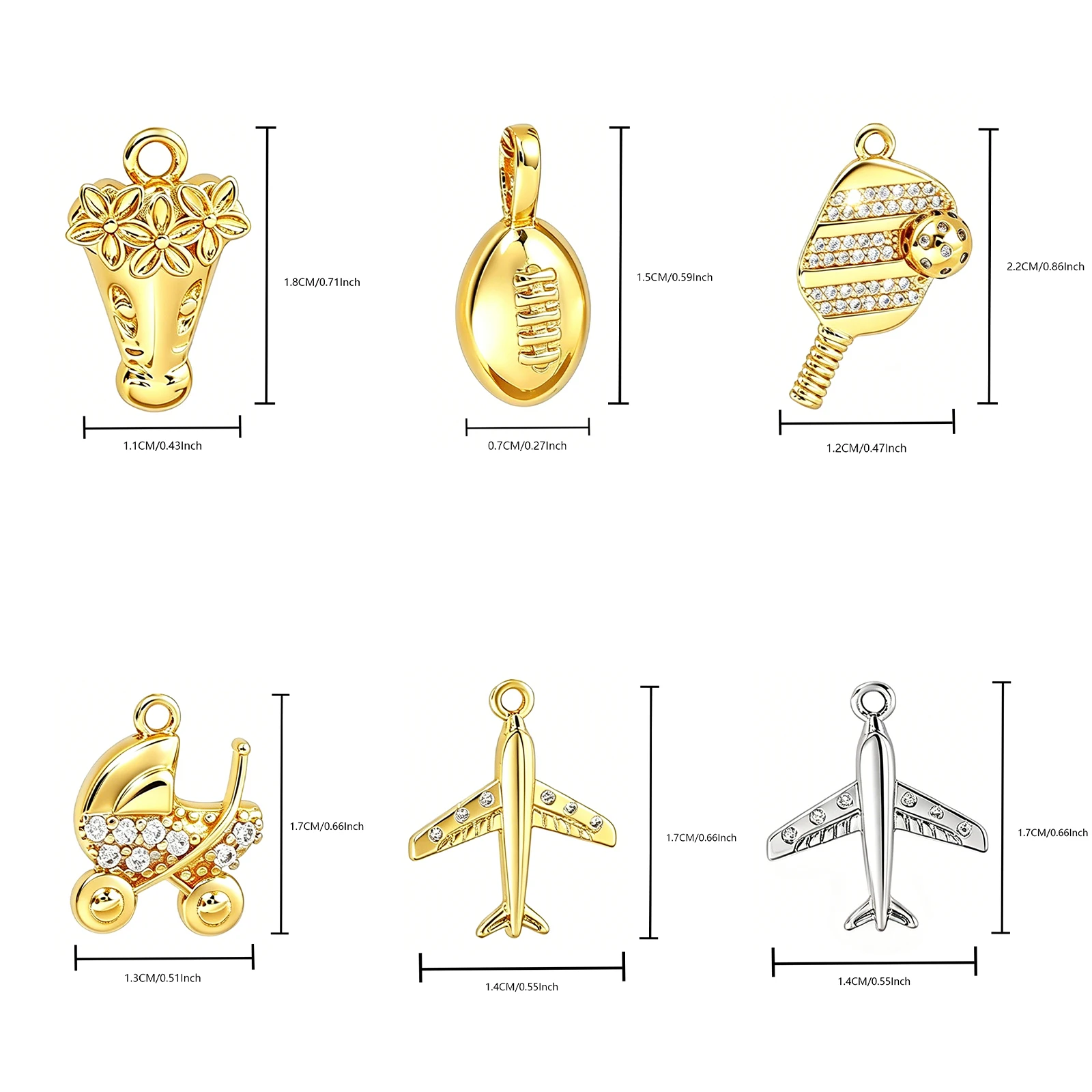 MHS.SUN 6pcs Cubic Zircon Airplane/Wishbone/Sports Racket Pendant Gold Plated DIY Making Geometric Charm Jewelry for Women Men
