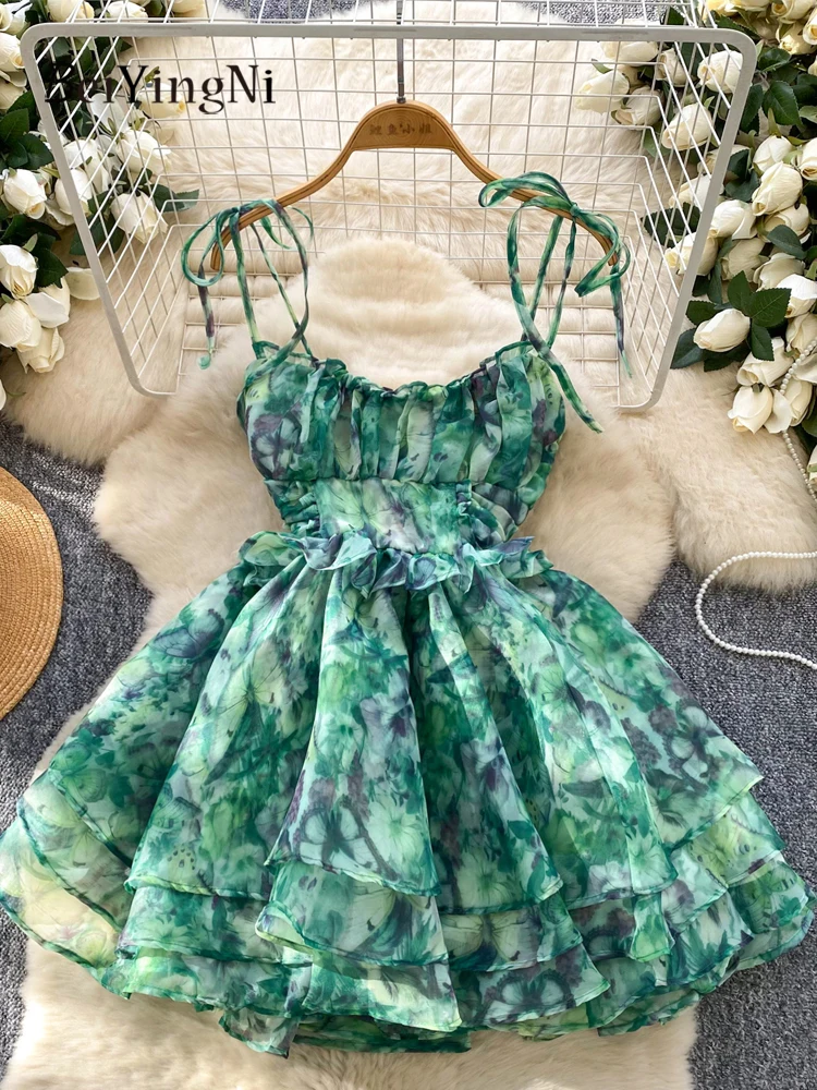 Beiyingni festa de aniversário tutu vestido feminino sexy francês doce cinta de espaguete vestidos de fiesta floral impressão malha em camadas vestido