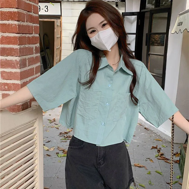Summer Women's Short Sleeves Shirts All-Match Simple Loose Basic Casual Shirt Ladies Korean Single-Breasted Pockets Cropped Top