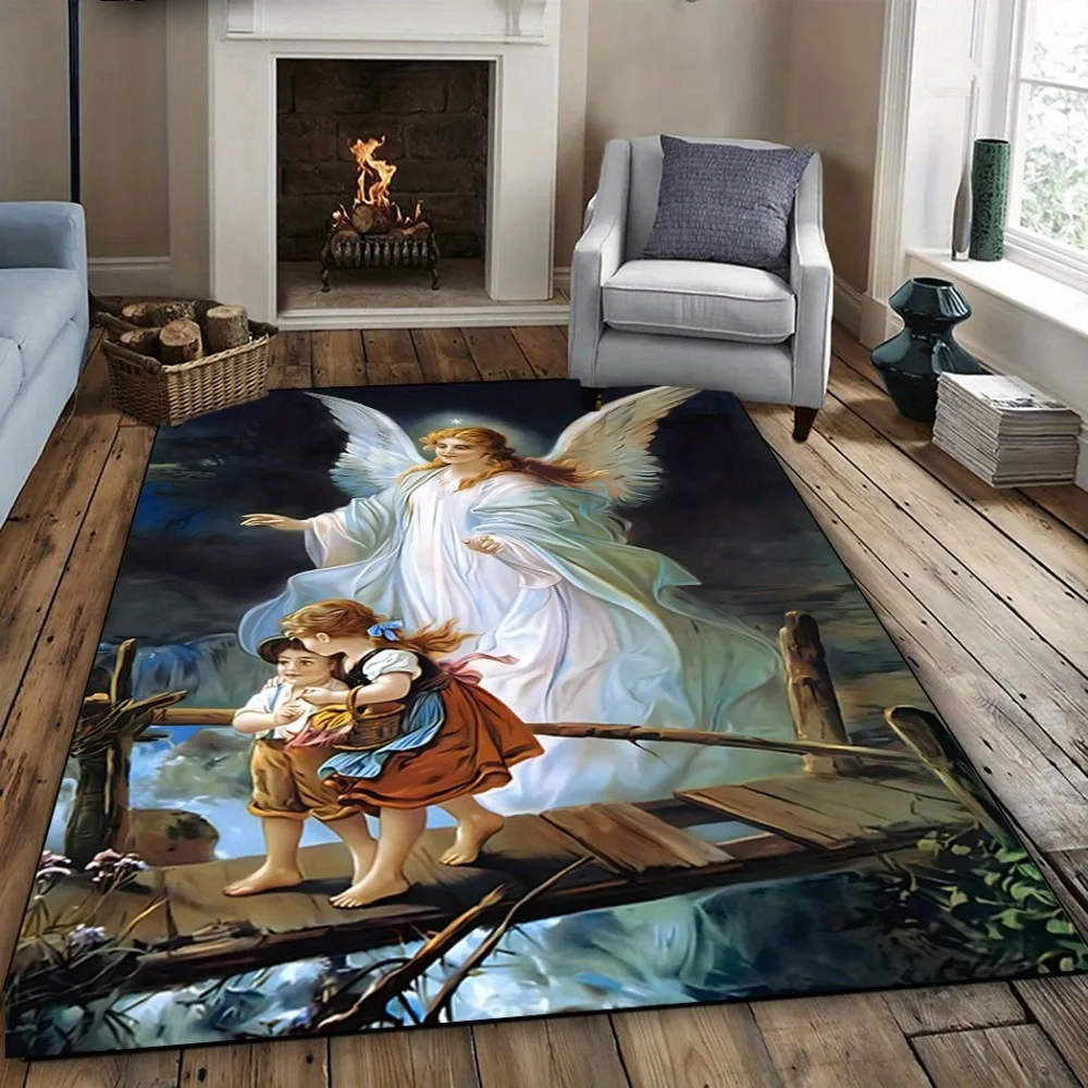 Exquisite Angel Print Area Rug, Large Christmas Decor Floor Mat for Bedroom Living Room Game Room, Stylish Indoor Outdoor Carpet