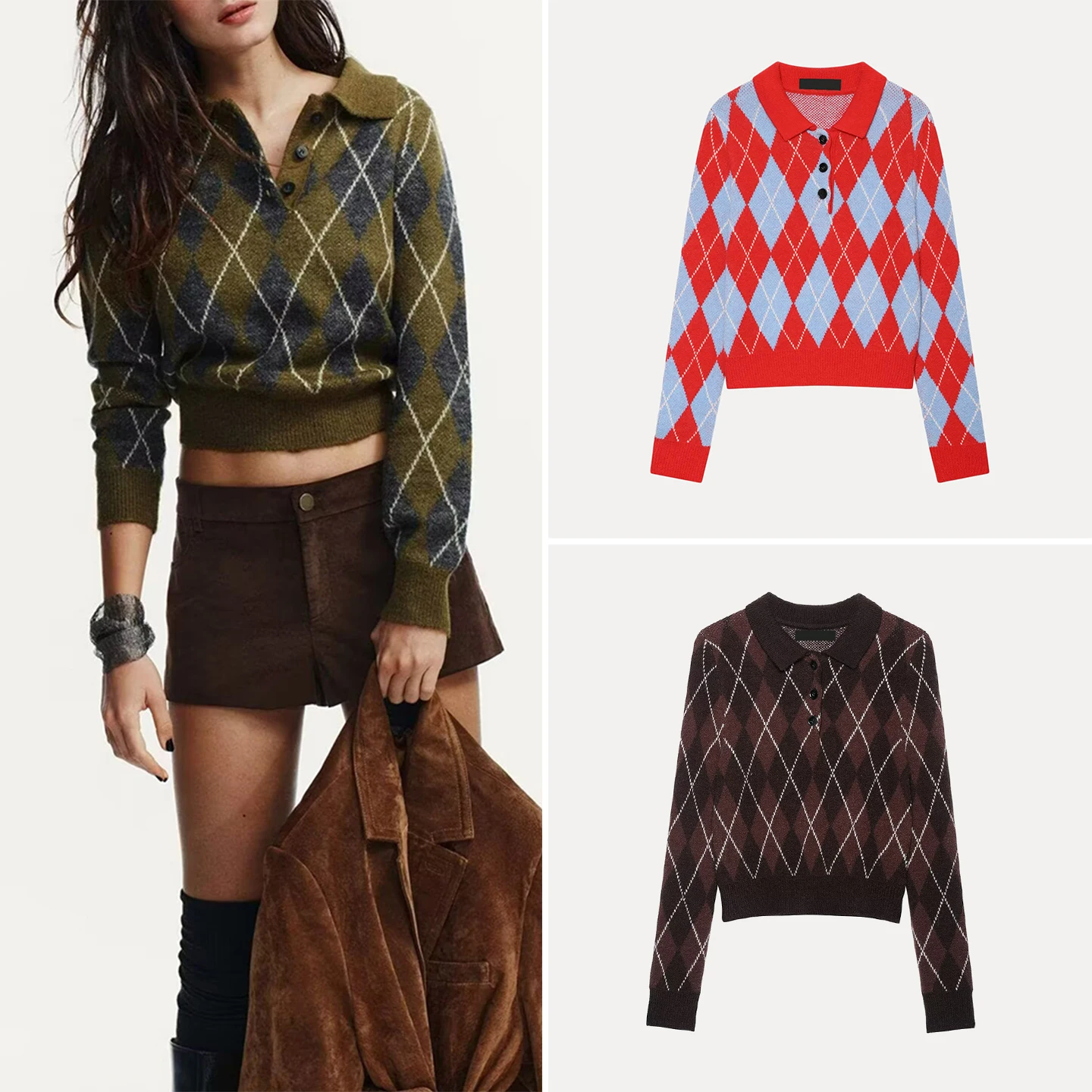 Women's Knitted Long Sleeve Diamond Pattern  Shirt Multi-Color Autumn Fashion Casual Style Button up Top Zadata Brand