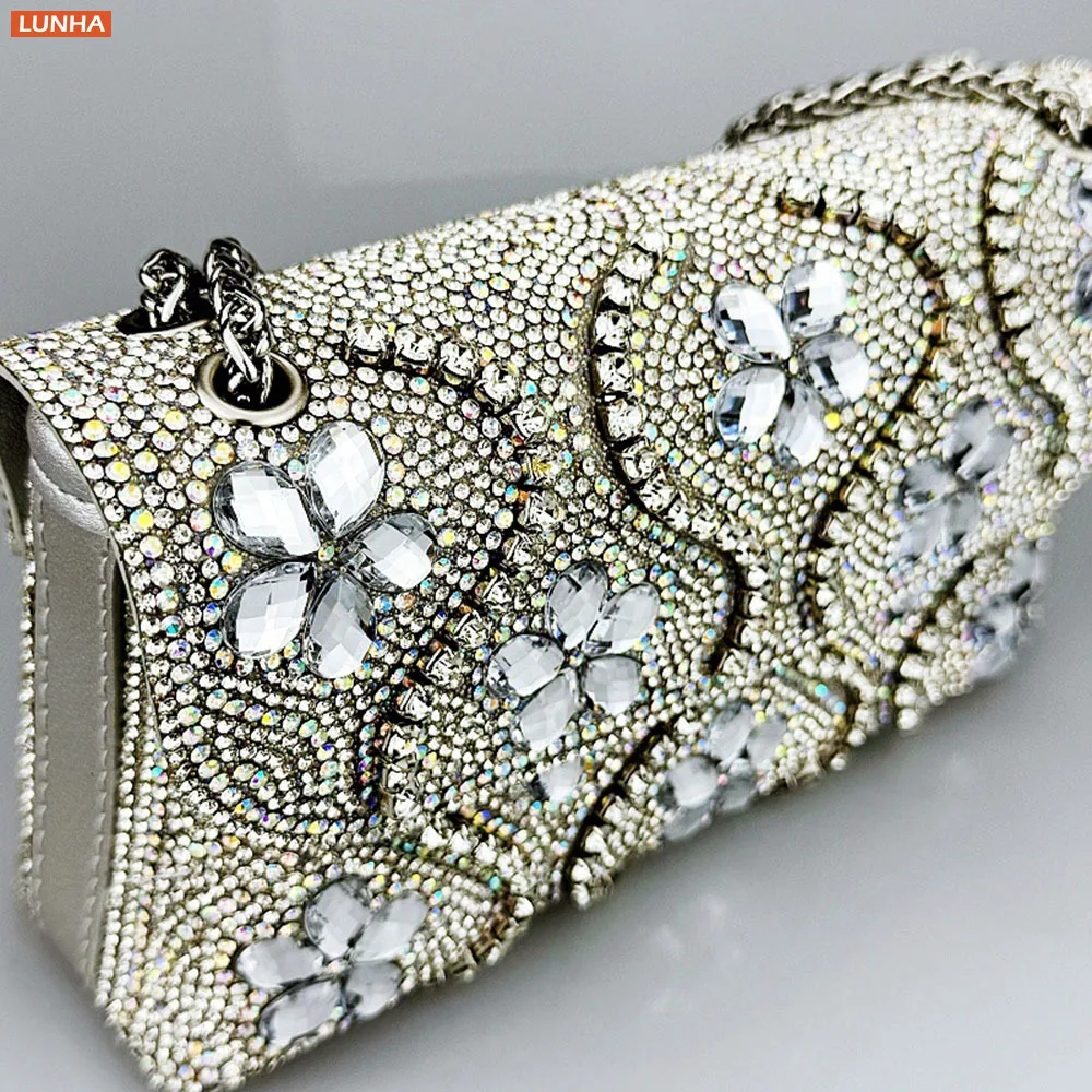Evening Clutch Bag for Women Sparkling Rhinestone Flower Purse with Chain Shoulder Bag Bling Wedding Party Handbag