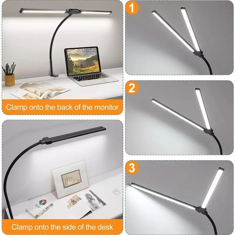 Lámpara de escritorio LED de doble cabezal, tubo Flexible de cuello de cisne con luz de relleno de Clip, lámpara de mesa de protección ocular ajustable de 10 niveles