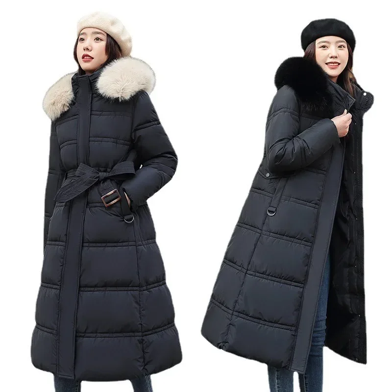 Parkas de estilo urbano para mujer, abrigo grueso de algodón con cuello de piel, Chaqueta larga con cremallera, ropa de otoño e invierno, 2024