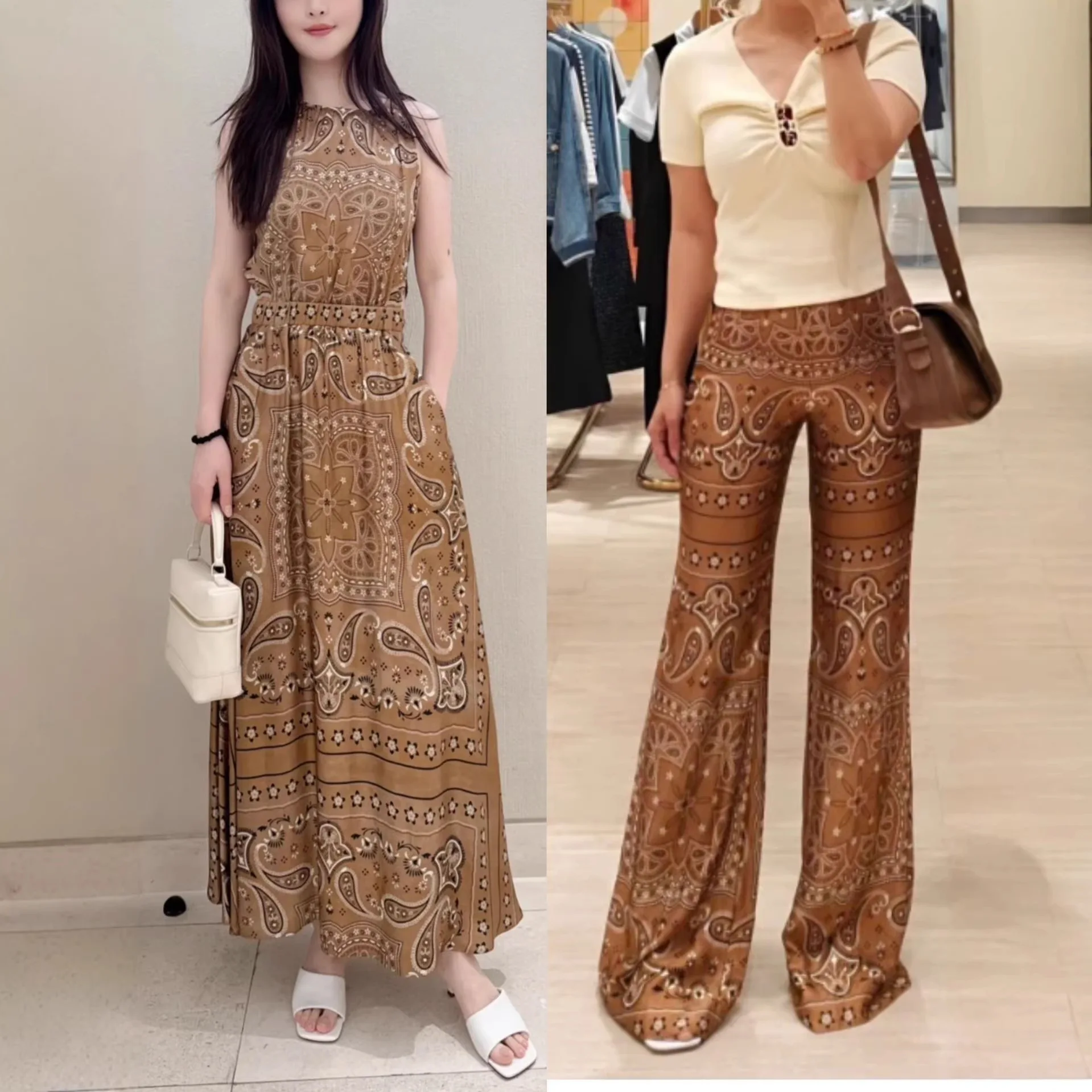 

Women Retro Paisley Printed Sleeveless High Waist Midi Robe or High Waist Wide Leg Long Pants