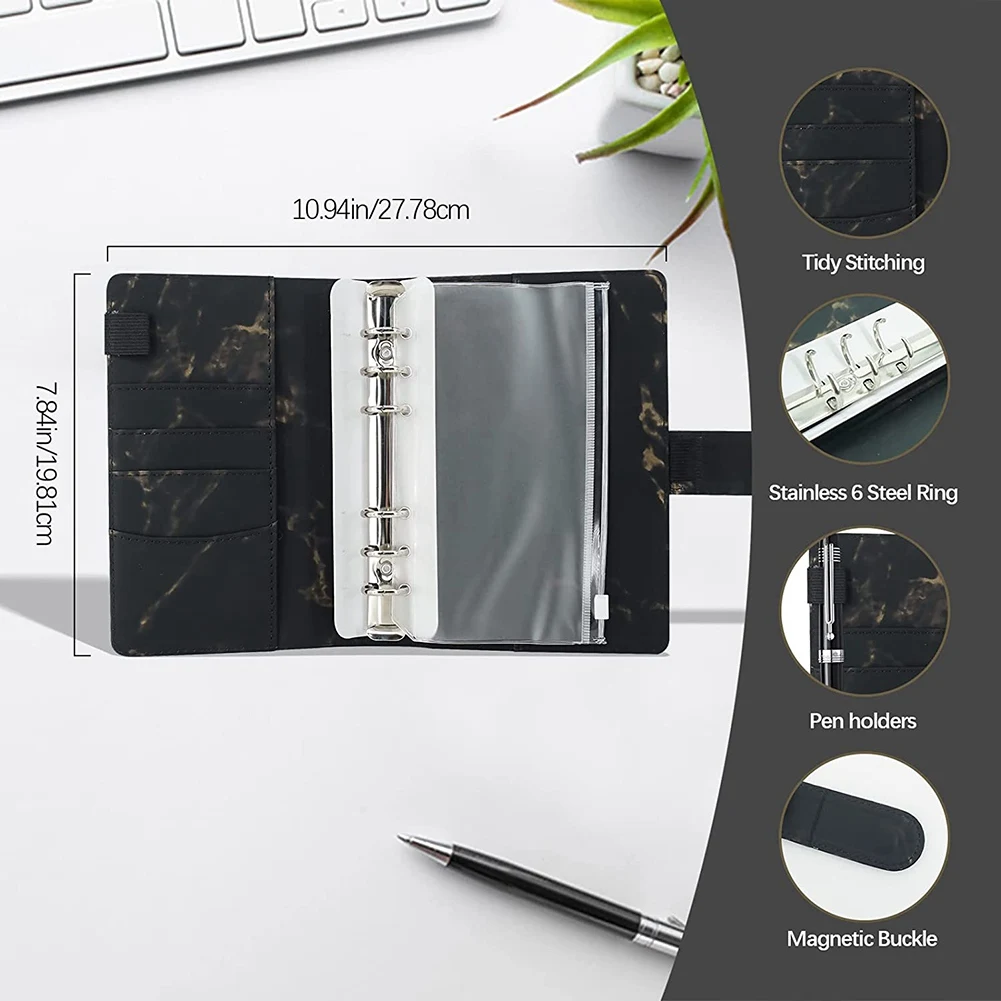 แฟ้ม A6 PU ราคาประหยัดพร้อมซองเงินสดใสแผ่นงบประมาณและสติกเกอร์ป้ายกำกับสำหรับจัดเก็บซองจดหมายให้เป็นระเบียบ