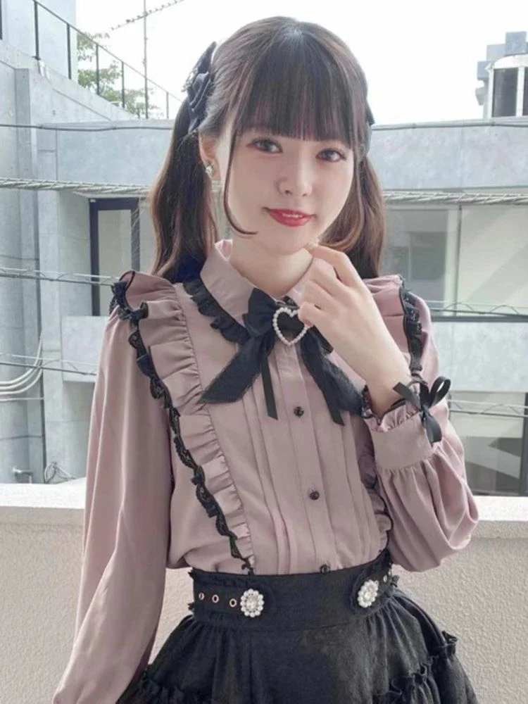 Y2k Pink Bow Blouse Women Japanese Kawaii Lace Ruffle Shirt Harajuku Cute Ladies Tops 2024 Lolita Blusas Femme Camisas Mujer