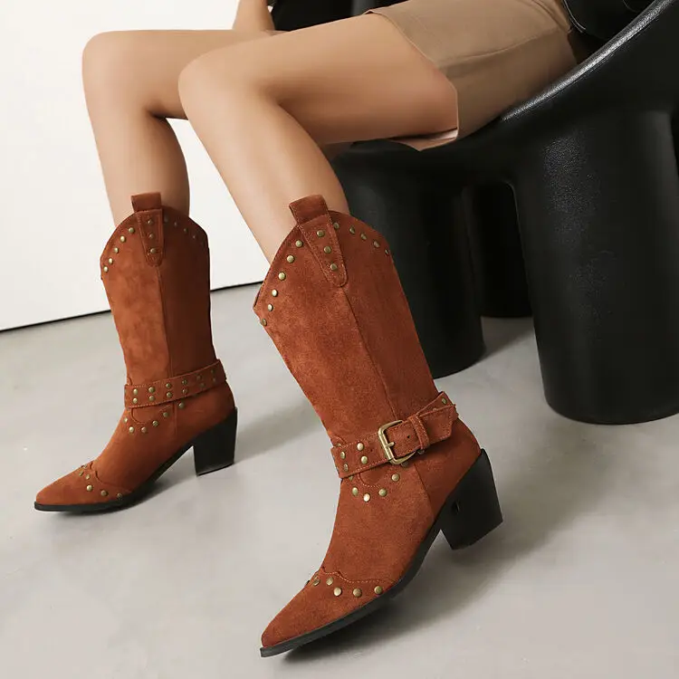 

Женские ботильоны в западном стиле с заклепками, большие размеры 34-46, на массивном каблуке, этнические, с острым носком, короткие ботинки