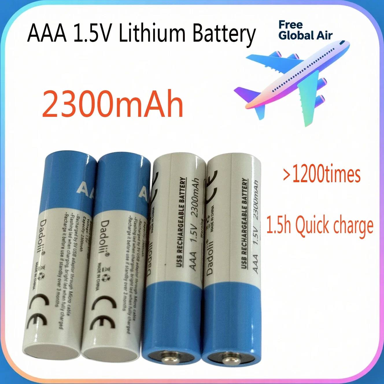 AAA 1.5V Rechargeable 2300mAh Battery 2000+ cycles Lithium Polymer Battery Quick Charging by Type-C Cable