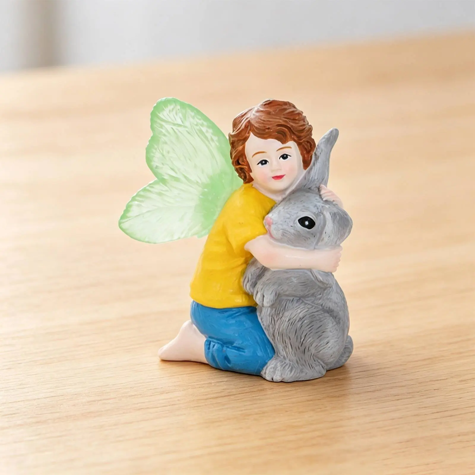 Boy and Rabbit Figurine Lifelike Details Child Hugging Bunny Statue Resin Rabbit Sculpture Gift-Ready House Decoration Mini view 5