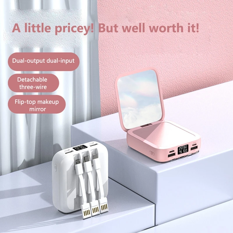 20000mAh Power Bank with Makeup Mirror Detachable Digital Display External Battery Built in Cable for iPhone Samsung