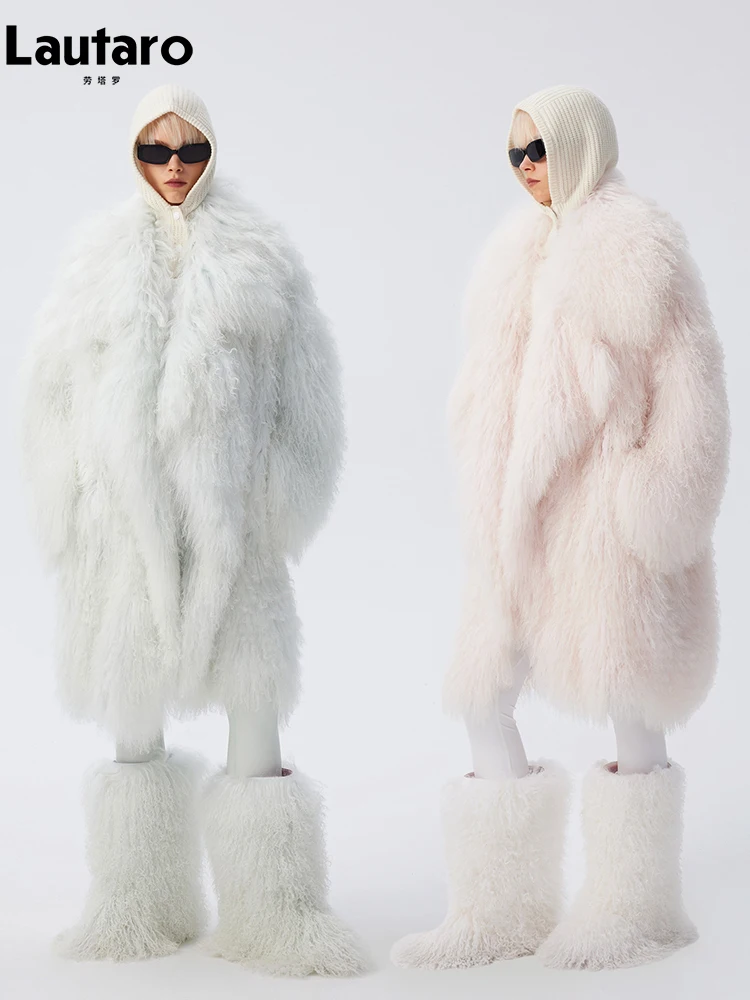 Lautaro Autumn Winter Long Oversized White Thick Warm Soft Faux Fur Coat Women Loose Stylish Luxury Fluffy Overcoat Streetwear
