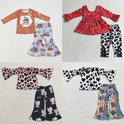 Wholesale Baby Girl Western Long Sleeves Tops Outfit Kids Bell Bottom Pants Toddler Cow Print Tops Set Children Farm Clothes