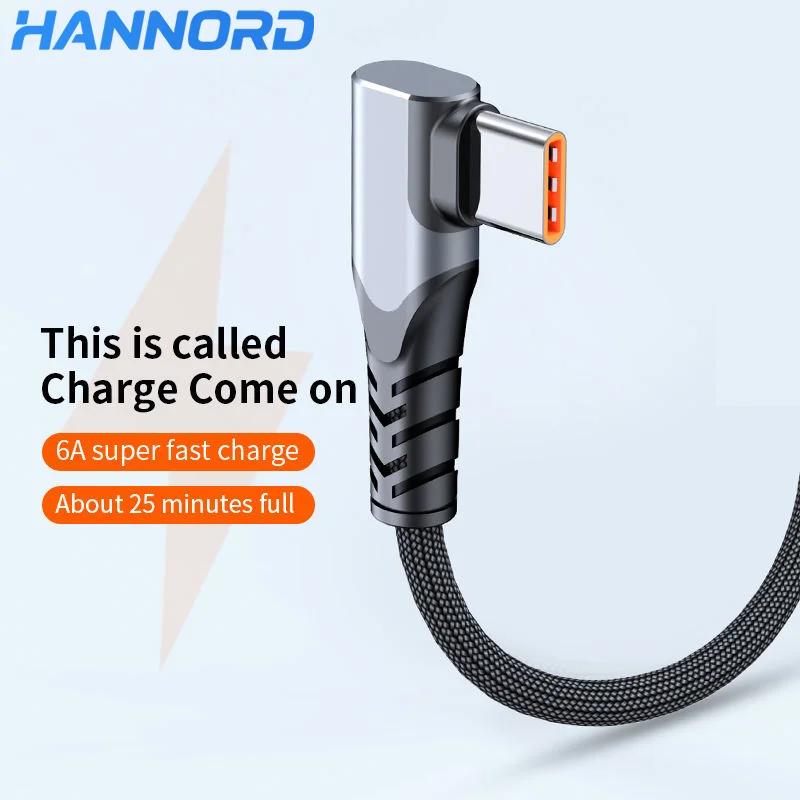 

Hannord 6A 66W Curved Type-C USB C Fast Charge Weaving Data Cable 90 Degree Motorcycle for iphone 15 Samsung Power bank