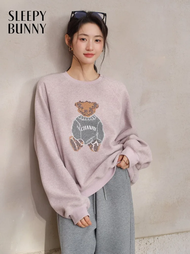 Women Cute Bear Embroidered Sweatshirt for Lady Oversized Round Neck Pullover Casual Early Spring Raglan Sleeve Cozy Daily Top