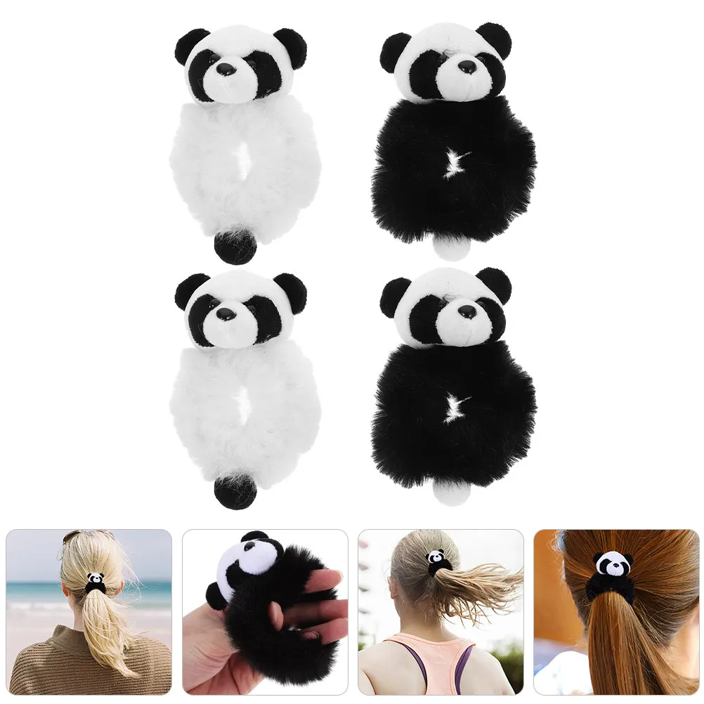 

4 шт. резинок для волос Panda Scrunchies: эластичные, мягкие, милые, пушистые, для пучка, для густых длинных волос, аксессуары для волос