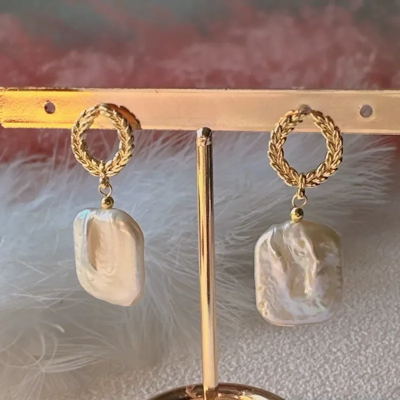 

French Retro Square Baroque Special-shaped Natural Baroque Pearl Stud Earrings Girl Temperament Earrings Silver Needle Wheat Ear