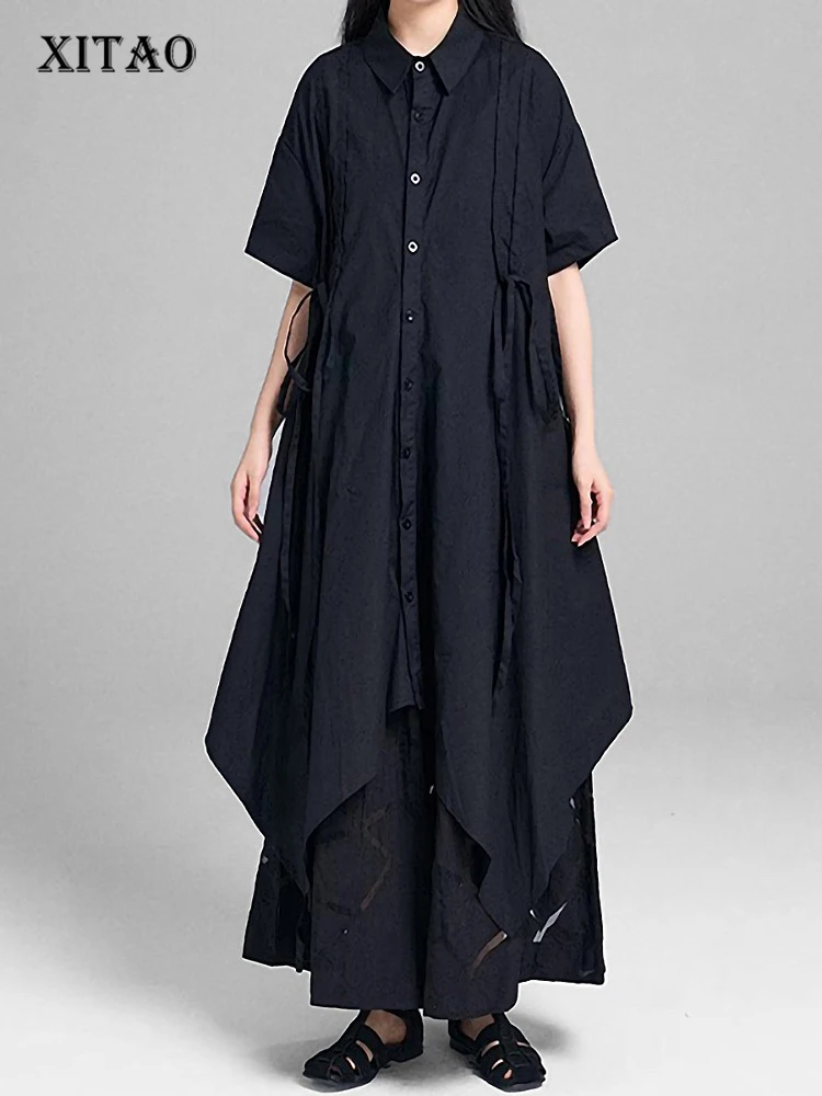 

XITAO Hong Kong Loose Dress Short Sleeve Draw String Irregular Personality Trend All-match Summer Woman Mid-calf DressZMY1225