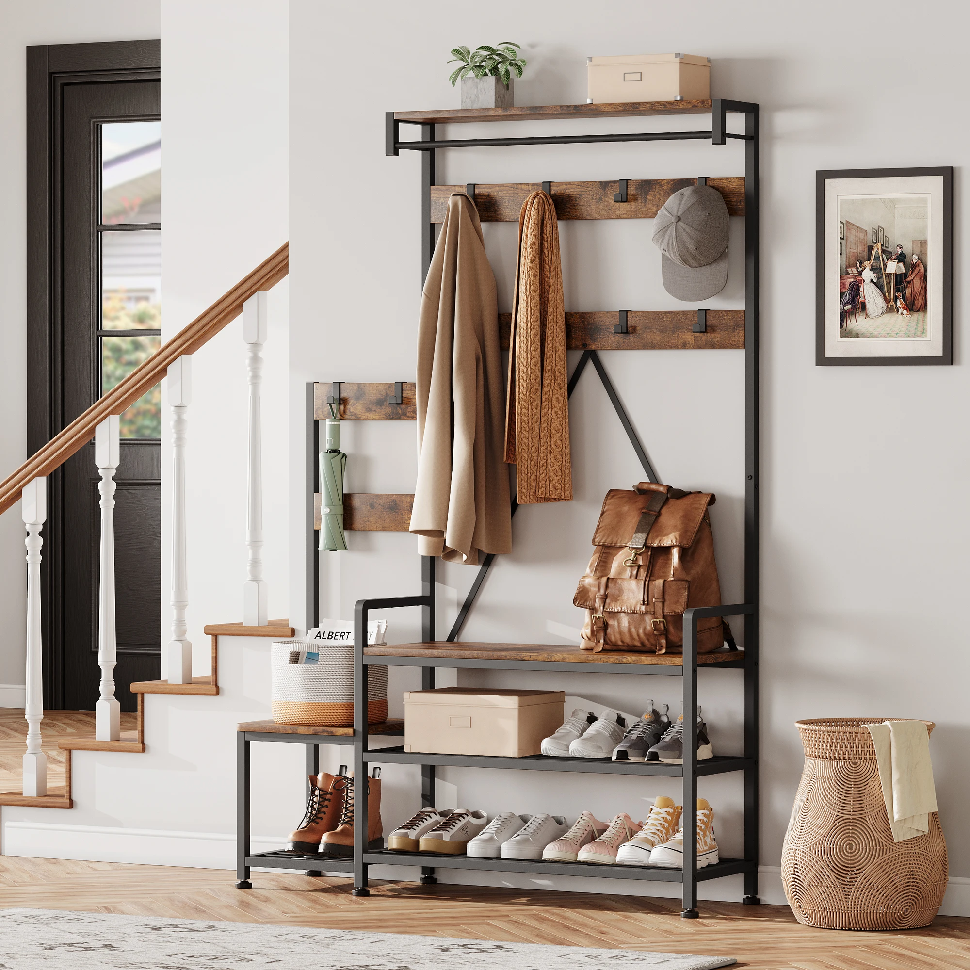 

Hall Tree with Shoe Storage Bench, Coat Rack with 7 Hooks 4 Tier Side Storage Shelves Small Cute Side Bench, Industrial 5-in-1