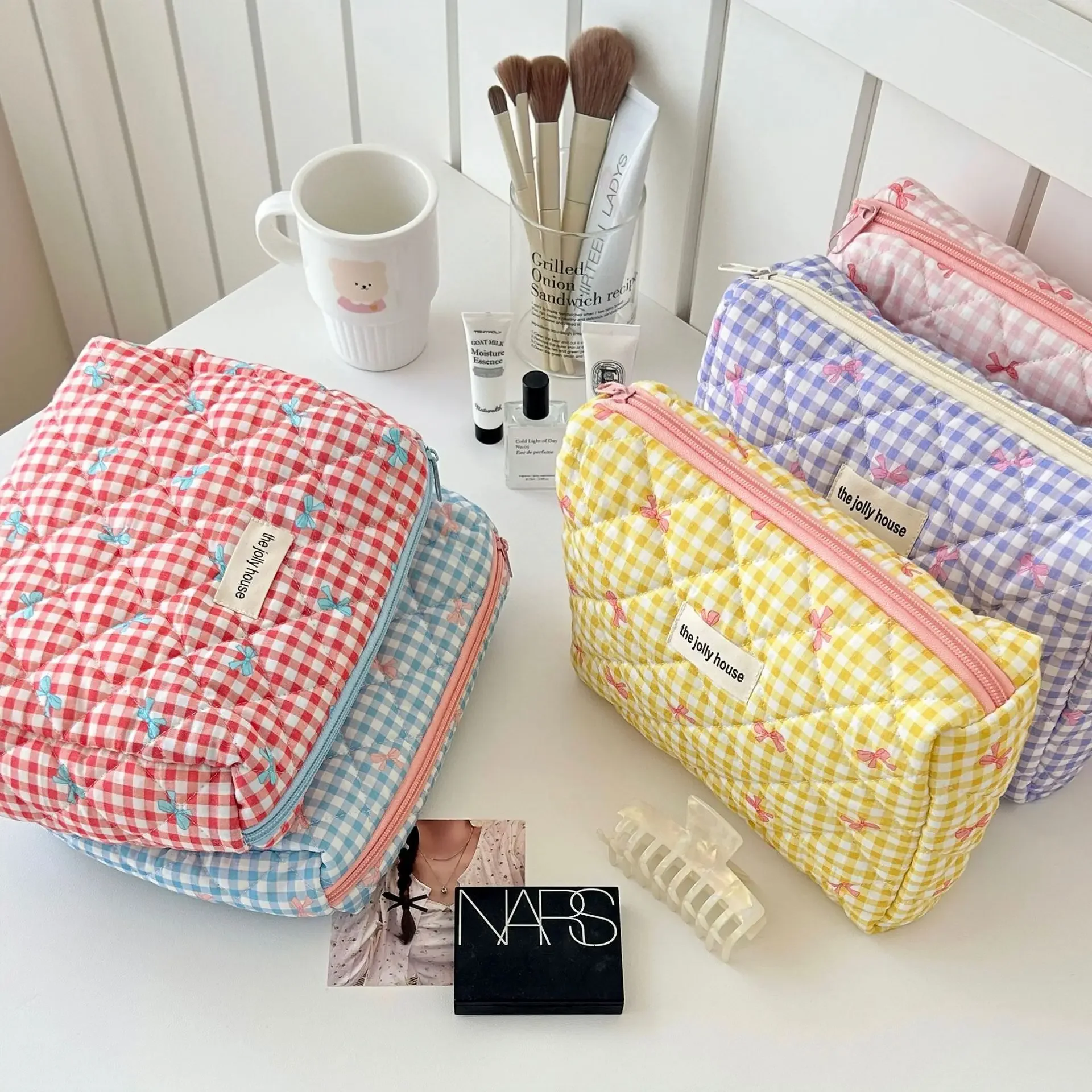 Cute Bow Cotton Makeup Bag Women Zipper Cosmetic Organizer Female Cloth Box Shape Portable Toiletry Case for Girls