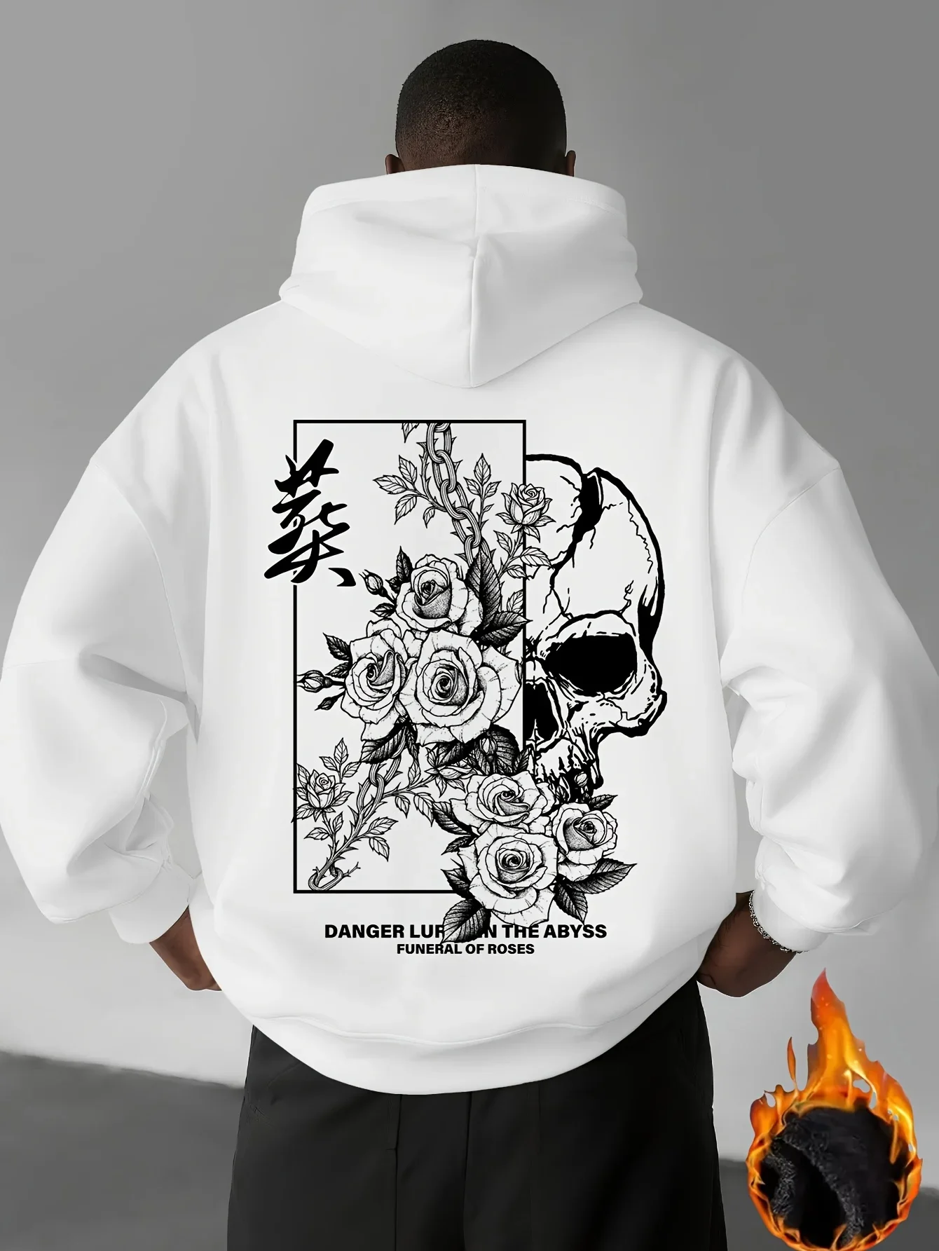 Men Oversized Hoodie Autumn Winter Gothic Skull Rose Chinese Calligraphy Frame Back Print Dark Street Loose Pullover Sweatshirt