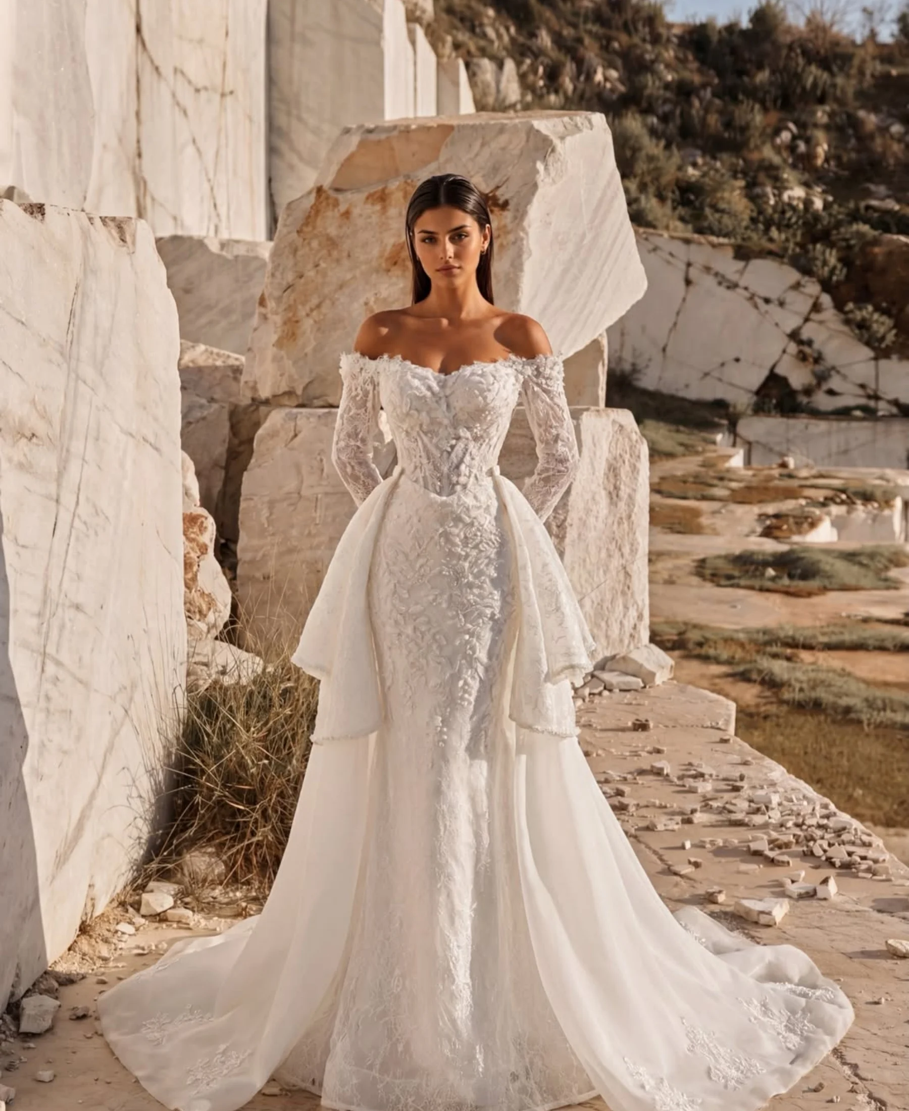 Sumorgue High-quality Customized Off Shoulder Mermaid Wedding Dress Corset Detachable Overskirt Chapel Vestidos De Novia