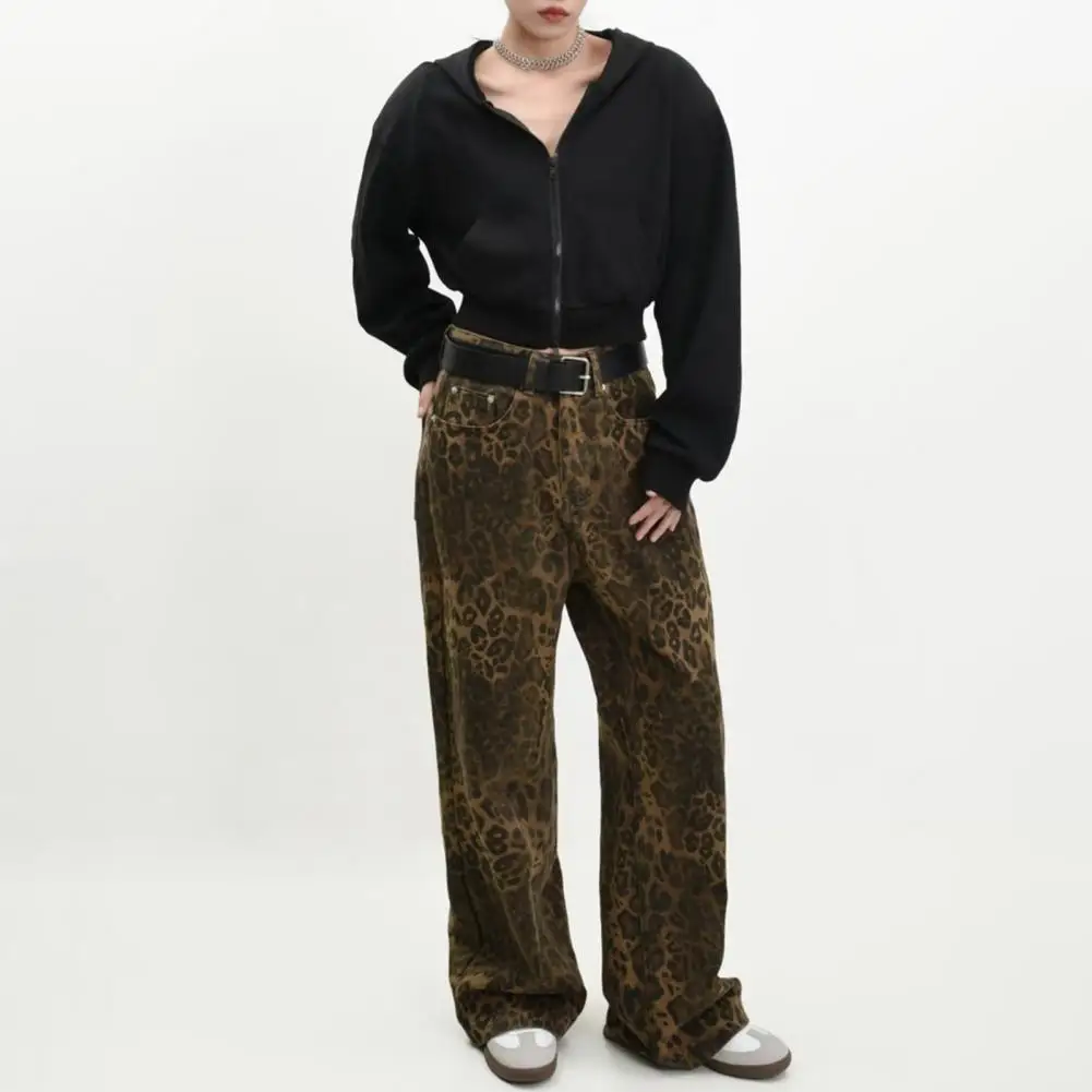 

Unisex Jeans Leopard Print Hip Hop Wide Leg Loose Straight Pants Zipper Closure Soft Streetwear Young Adult Long Trousers 중성 긴바지