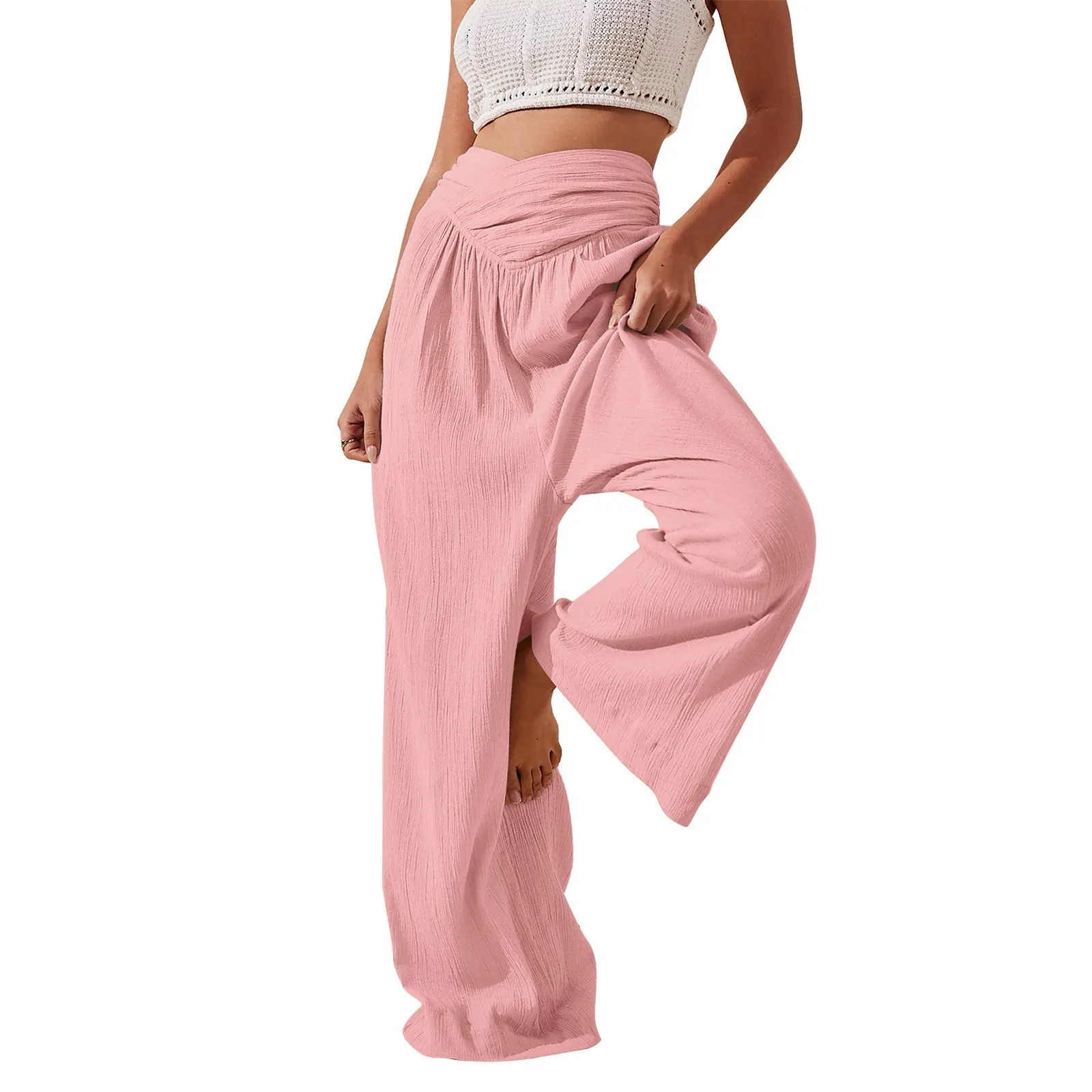 Women'S Wide Leg Pants Cross High Waisted Solid Color Trousers Daily Fitness Yoga Pilates Trousers Lightweight Long Casual Pants