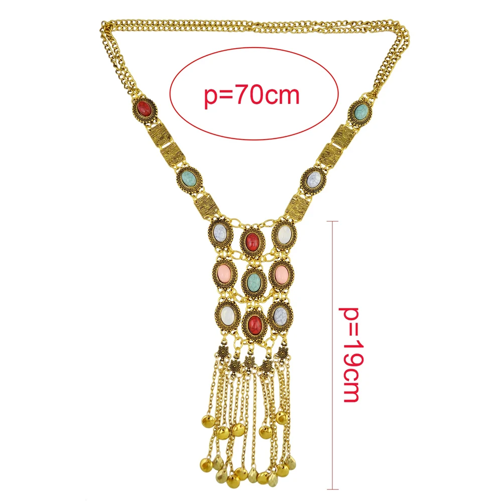 Vintage goldene silbrige Statement-Halskette für Frauen, bunte Strasssteine, lange Ketten, Halsketten, Gypsy, Boho, ethnischer Halsschmuck – Detail 10