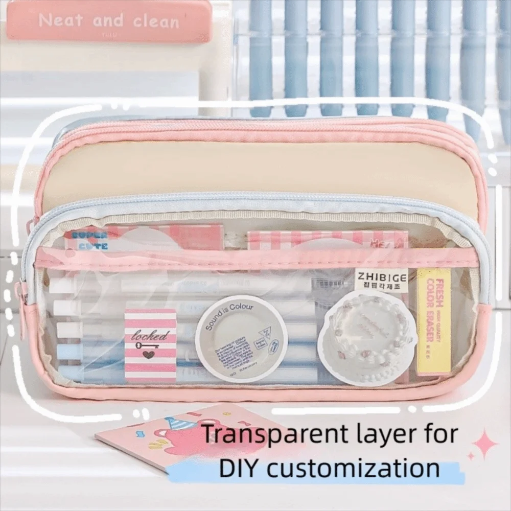 New Color-Block Pen Bag Multi-Compartment Transparent Pocket Pencil Case Large Capacity with Zipper Multi-layer Pen Pouch School