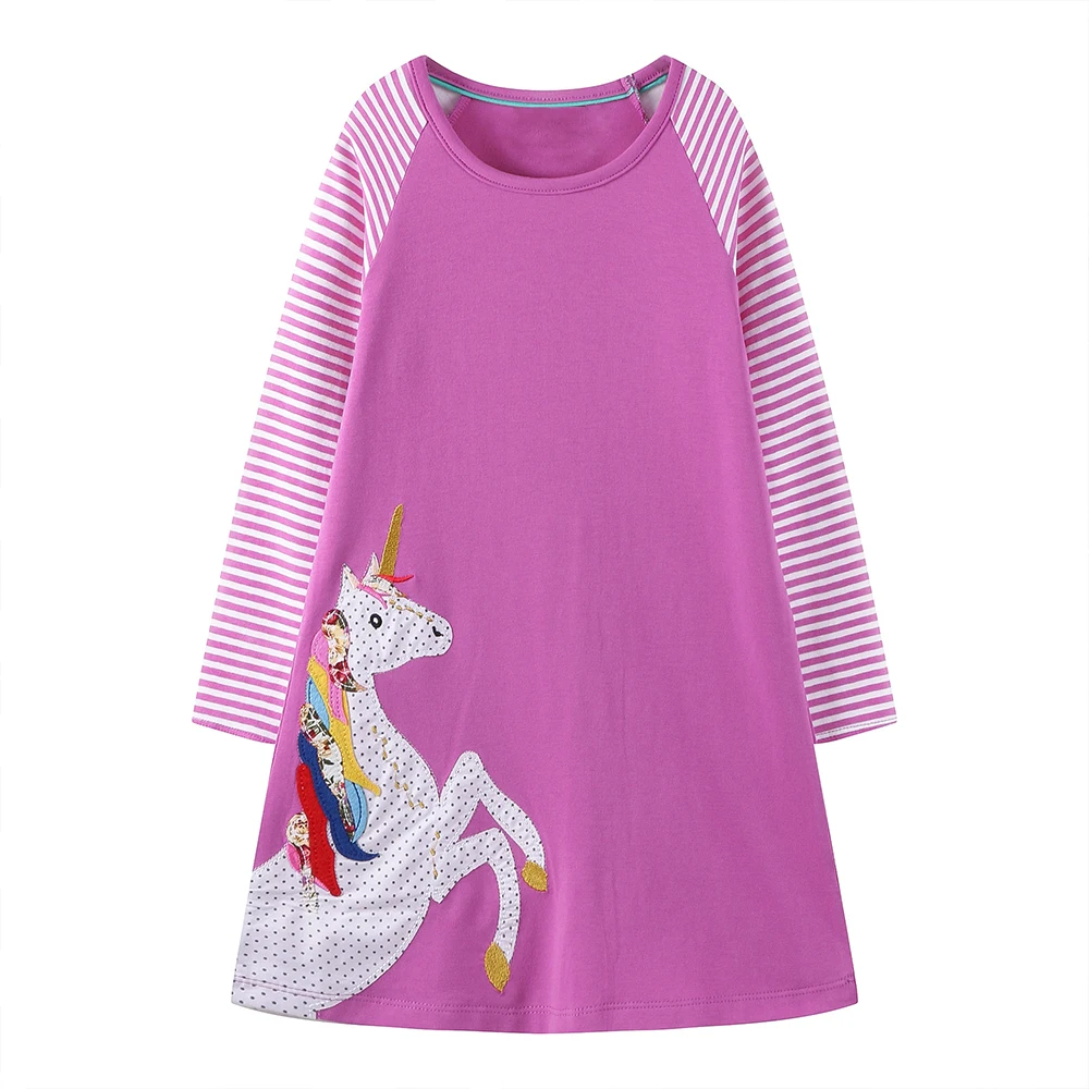 VIKITA Girls Unicorn Print Long Sleeve Striped Autumn Spring Dresses Kids 100% Cotton Casual School Daily Sports Frocks Outfit