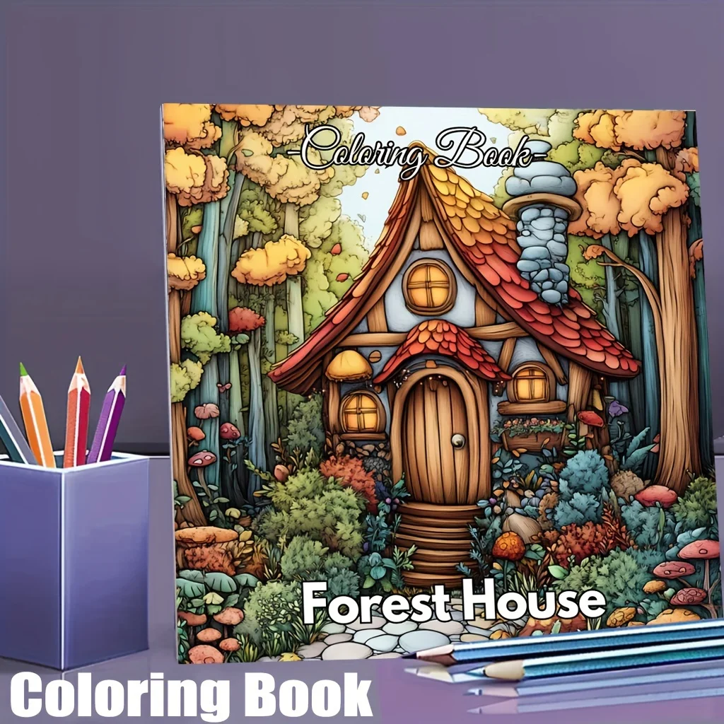 28 Pages Forest House Coloring Book for Adult Stress Reduction | Colouring Book for Relax and Mood Reduction Valentine's Day