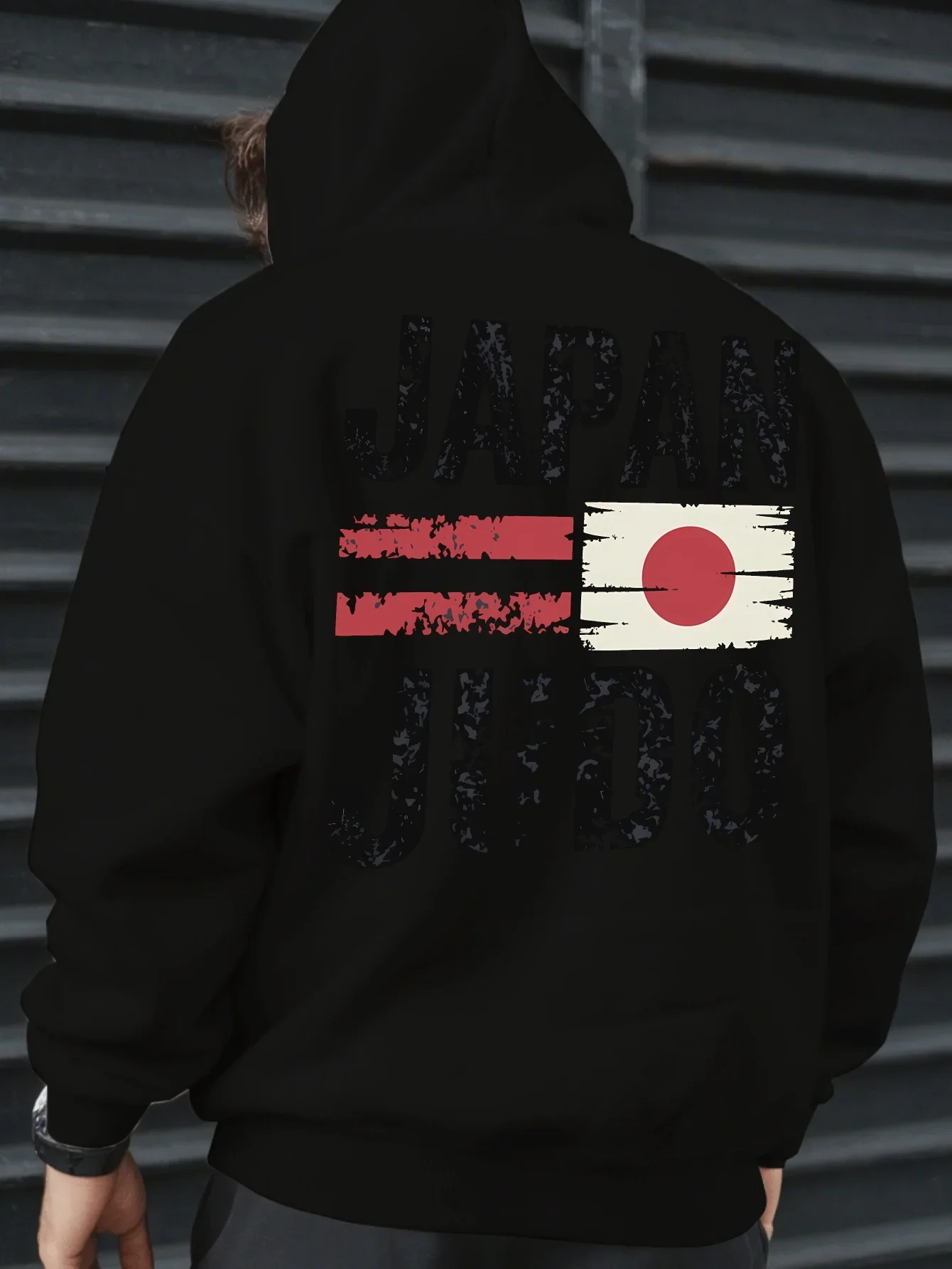 Men Trendy Hooded Sweatshirt Japan Judo Retro Distressed Flag Letter Print Hot Sale Autumn Winter Fleece Pullover
