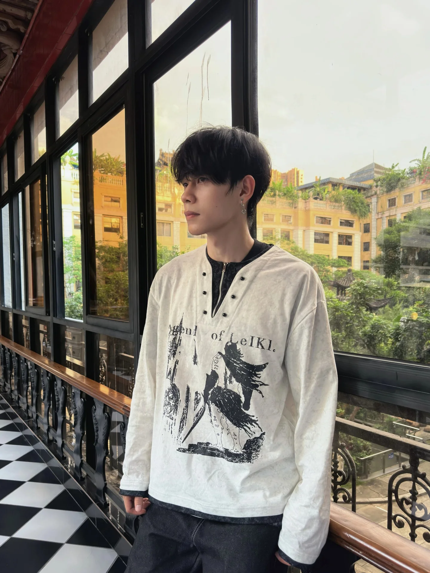 Loose Fit Long Sleeve Henry Collar T-Shirt Punk Style Print Unisex Knight Theme American Retro Style Spring Summer Casual Wear