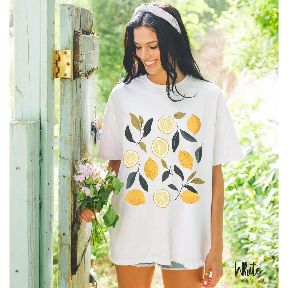 

Lemon Print T-shirt Whimsical Citrus Botanical Tees Women Clothing Oversized Tops Camisetas