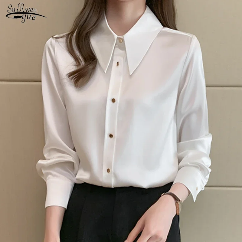 

Silk Women Shirts Satin Blouses Women Long Sleeve Korean Shirts Woman Silk Shirt Tops Woman Peter Pan Collar Satin Blouses 16824