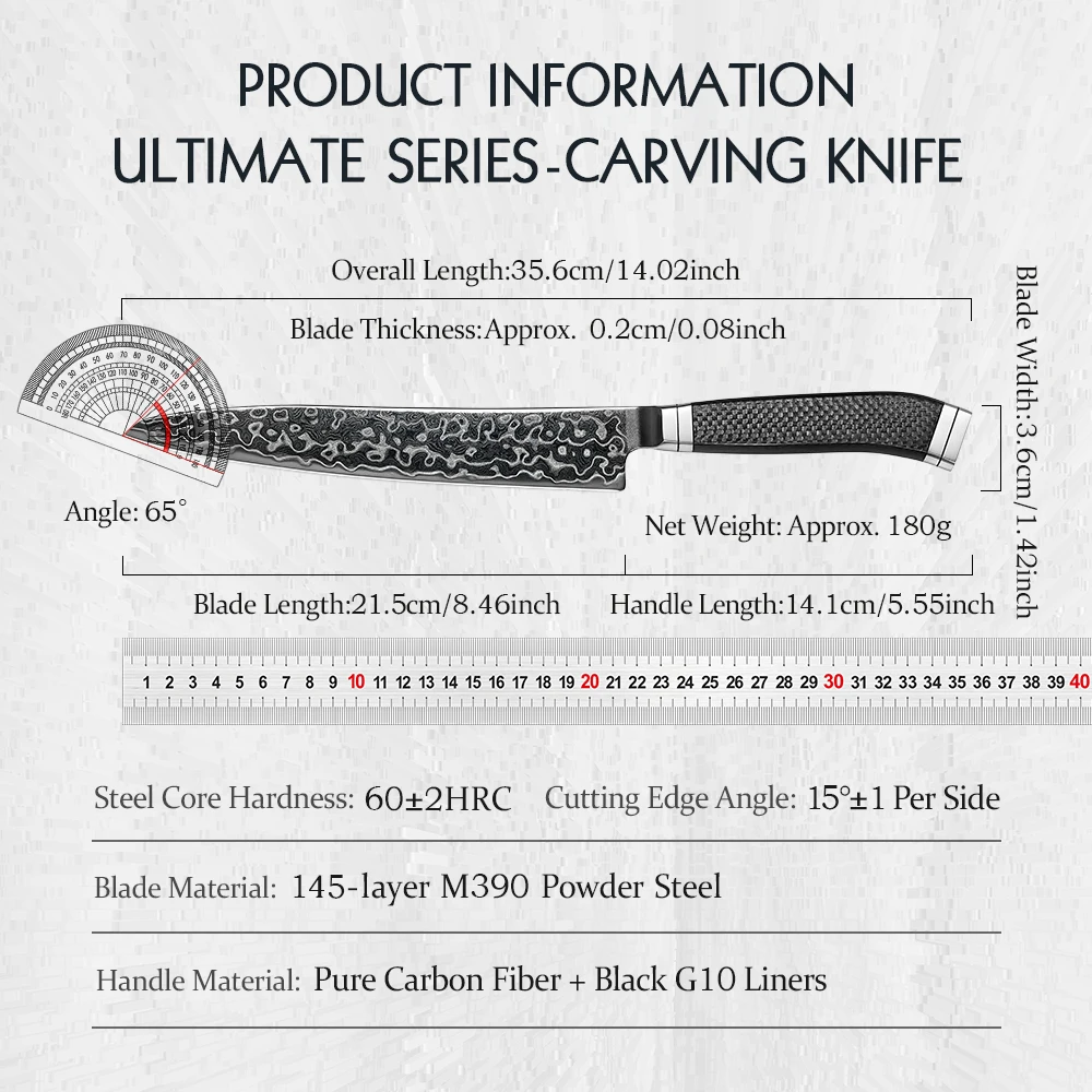 HEZHEN 8.5-inch Carving Knife M390 Steel Core 60±2 HRC 145-Layer Damascus Steel DLC Blade Carbon Fiber Handle Wooden Gift Box
