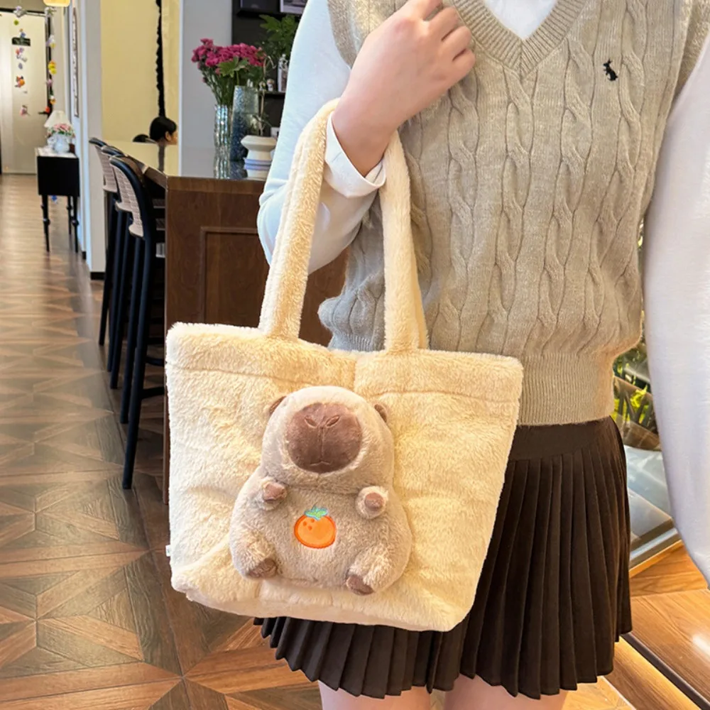 

Fashion Cartoon Doll Capybara Handbag Large Capacity Magnetic Buckle Plush Tote Bag Soft Fluffy Shoulder Bag Girl